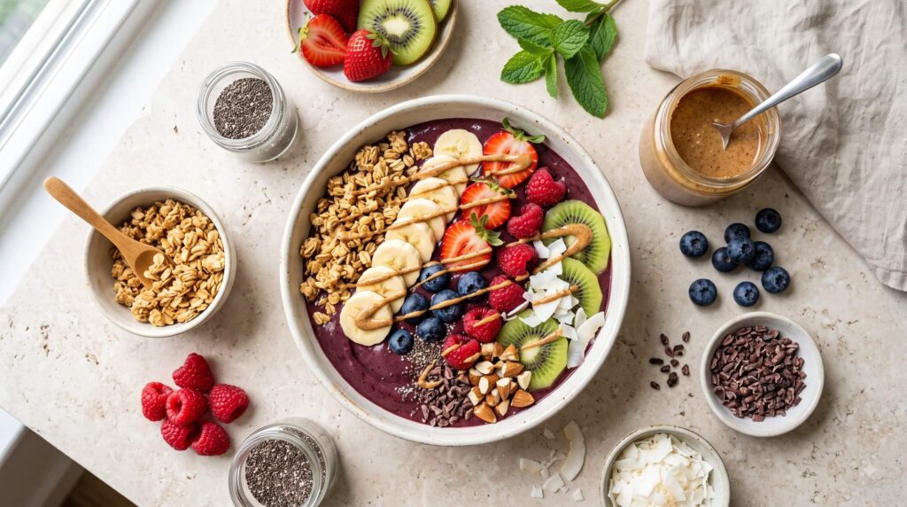 Acai bowl topped with granola, banana, berries, coconut, chia seeds, and nuts