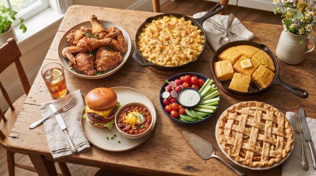 Classic and modern American comfort food spread