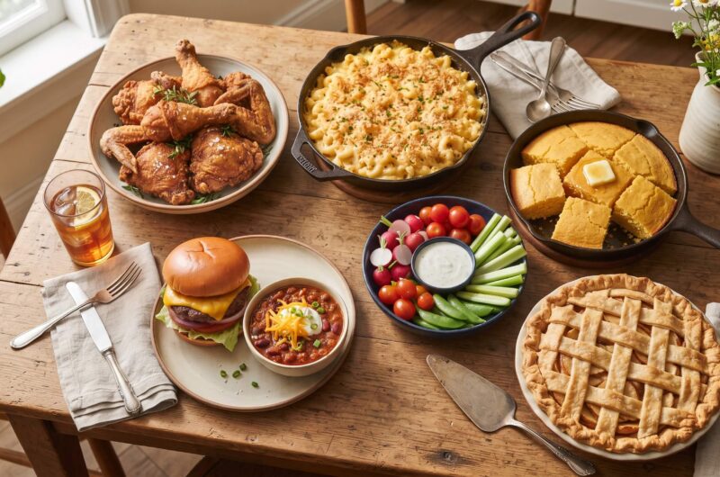 Classic and modern American comfort food spread