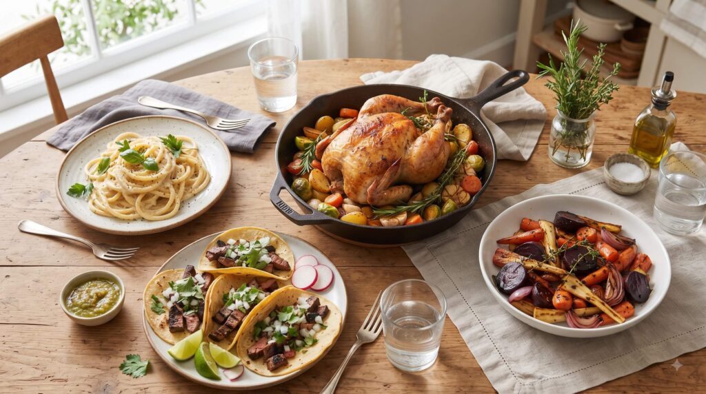 one-pan chicken dinner, pasta, tacos and roasted vegetables