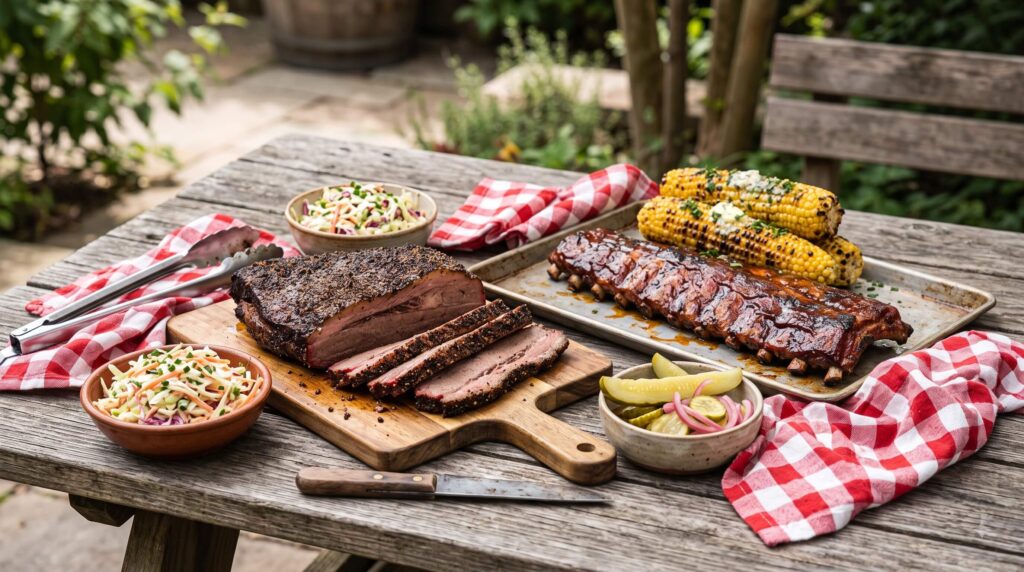 Smoky BBQ Spread with Brisket, Ribs, and Grilled Corn on a Picnic Table