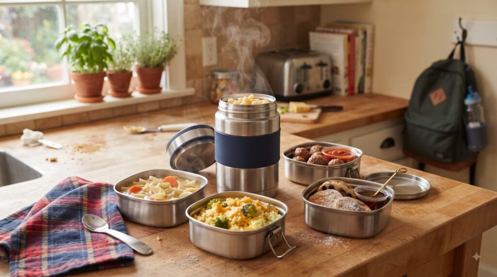 Warm school lunch ideas for kids with mac and cheese, meatballs, chicken noodle soup, cheesy rice and pancakes