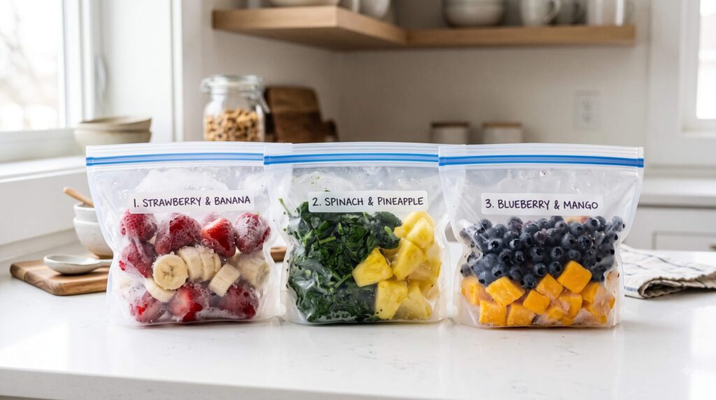 Freezer bags filled with pre-portioned fruit for make-ahead smoothies