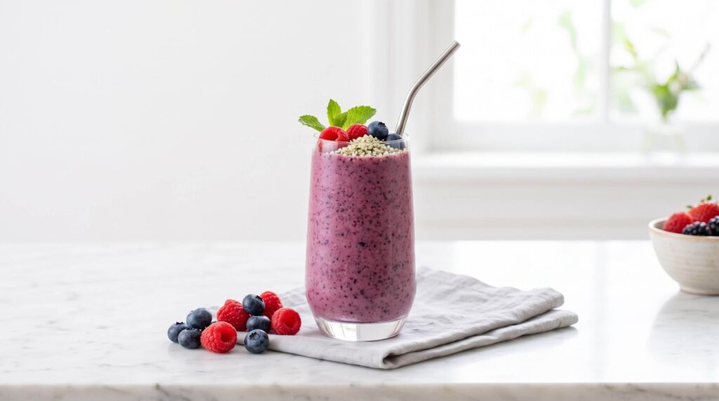 Berry smoothie in a glass topped with fresh mixed berries