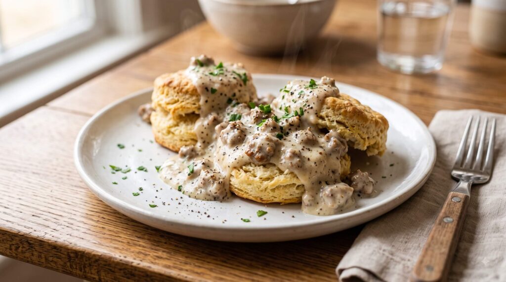 Flaky Buttermilk Biscuits Smothered in Peppery Sausage Gravy