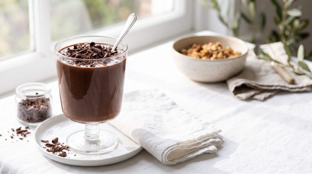Chocolate banana smoothie in a glass topped with chocolate shavings