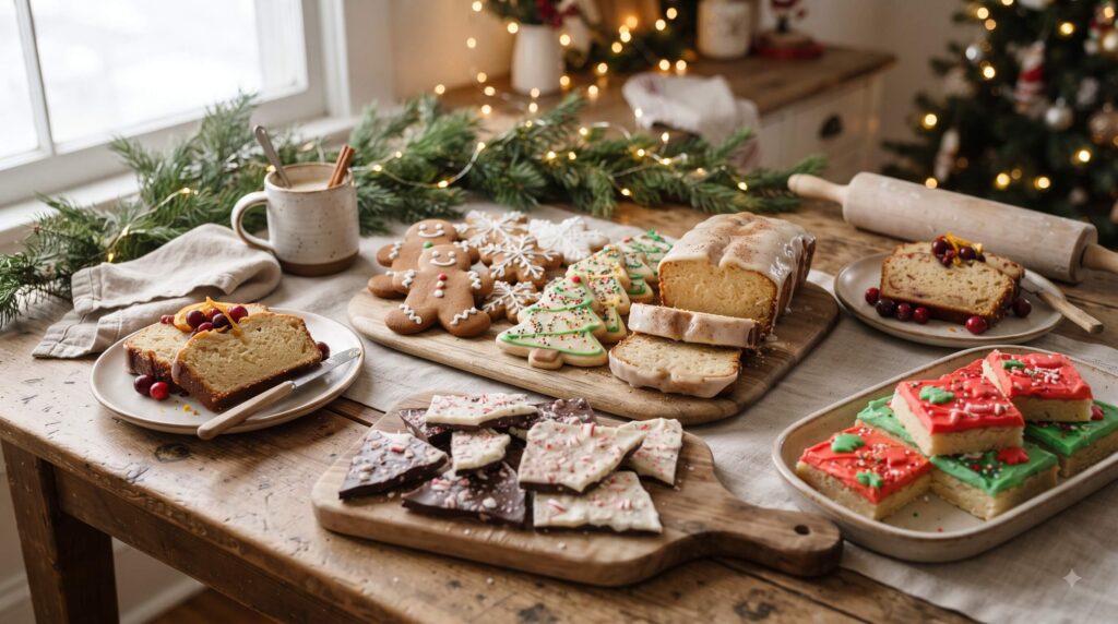 Easy Christmas recipes including gingerbread cookies, peppermint bark, cranberry orange bread, and sugar cookie bars