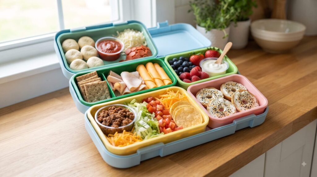 DIY kids lunchbox with mini pizza ingredients, crackers, cheese, turkey, taco fillings and fruit with yogurt dip