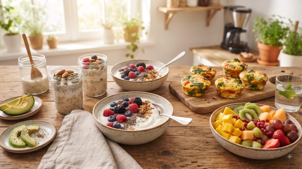 colorful high-protein breakfast spread with yogurt, egg muffins, overnight oats and fruit