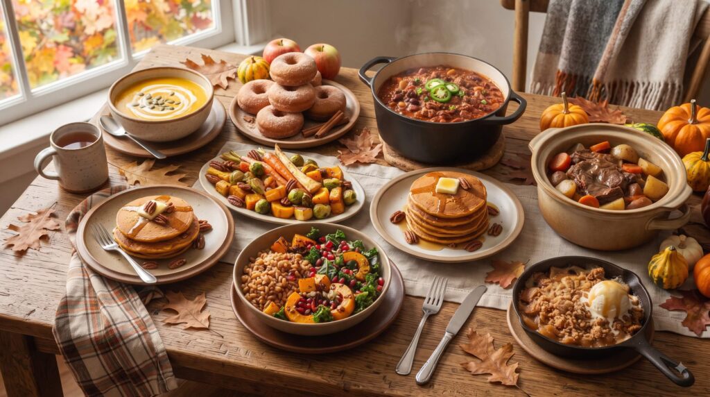 Cozy fall recipes including squash soup, apple cider donuts, roasted vegetables, pancakes, and apple crisp