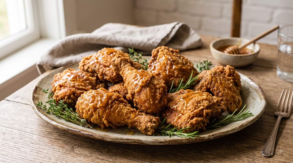 Platter of Crispy Southern Fried Chicken with Honey Drizzle