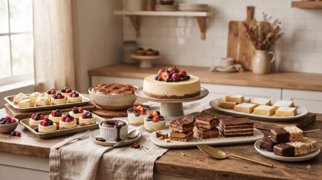Easy dessert recipes including cheesecake, lava cake, tiramisu, lemon bars, and no-bake treats