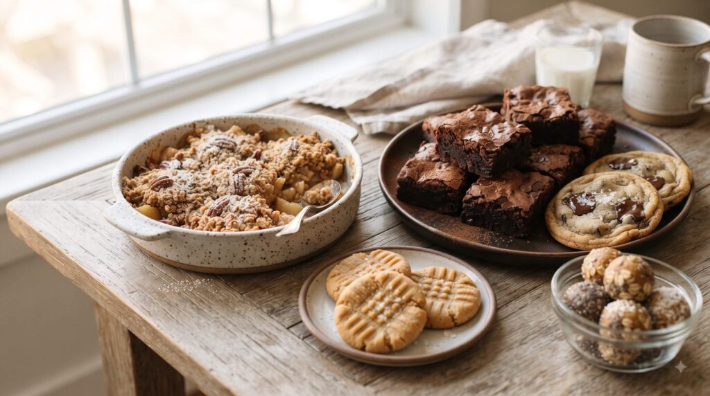 Easy dessert recipes including brownies, cookies, apple crumble and no-bake treats