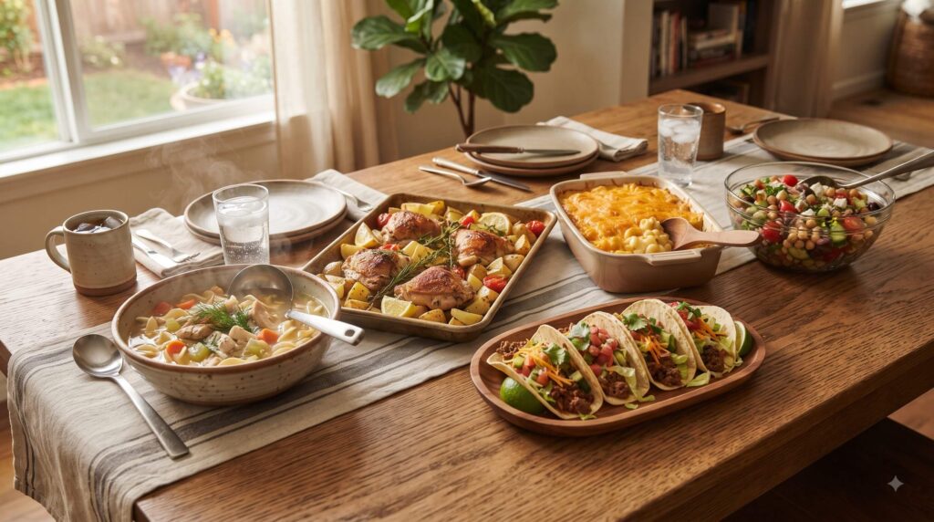 Easy weeknight dinner recipes including chicken, mac and cheese, tacos and salad