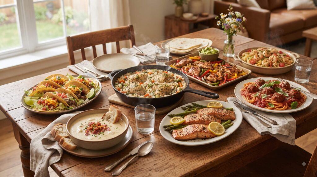 Easy weeknight dinner ideas including chicken and rice, tacos, shrimp pasta, fajitas, and salmon