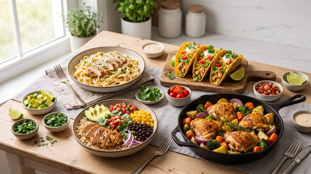 Easy homemade dinner ideas including creamy chicken pasta, chicken rice bowl, tacos, and roasted chicken with vegetables.