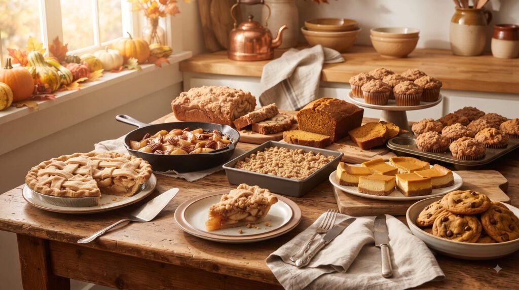 Easy apple and pumpkin recipes including apple pie, pumpkin bread, muffins, cookies, and cheesecake bars