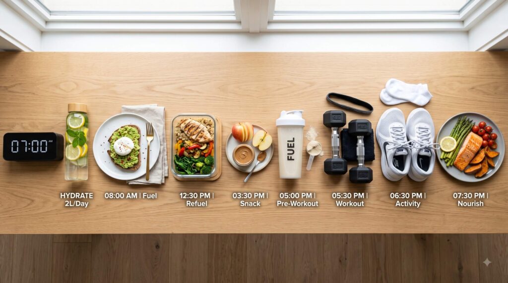 daily weight loss schedule with healthy meals exercise hydration and recovery