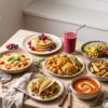 Assortment of easy homemade recipes including pancakes, smoothie, pasta, chicken, rice bowl, soup, tacos, potatoes and brownies.