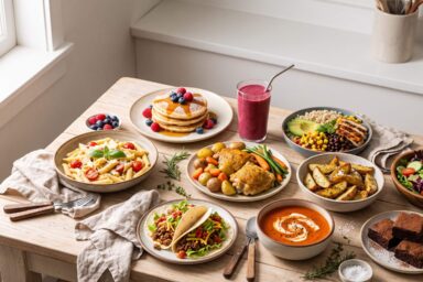 Assortment of easy homemade recipes including pancakes, smoothie, pasta, chicken, rice bowl, soup, tacos, potatoes and brownies.