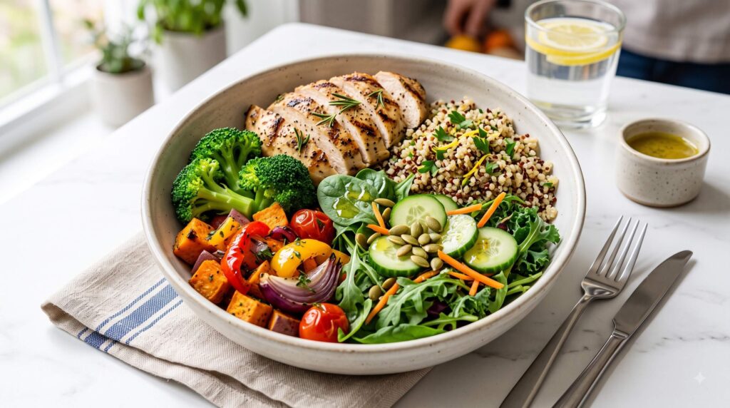 healthy weight loss lunch with grilled chicken quinoa greens broccoli and vegetables