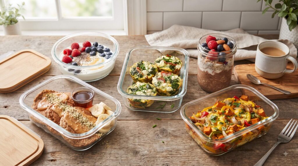 High-protein breakfast ideas including egg muffins, Greek yogurt, protein pancakes, and overnight oats