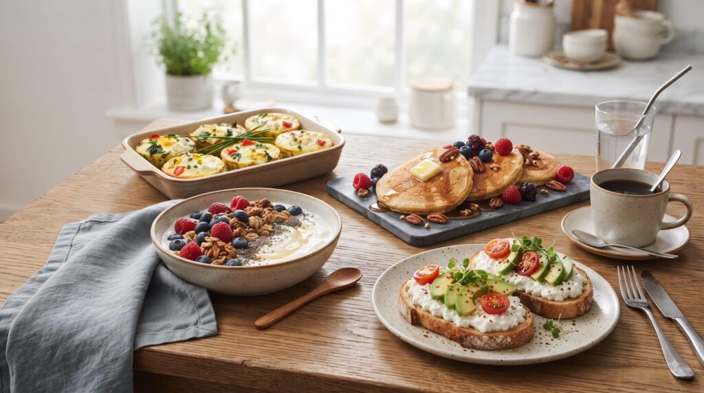 High-protein breakfast ideas including egg muffins, yogurt parfait and protein pancakes
