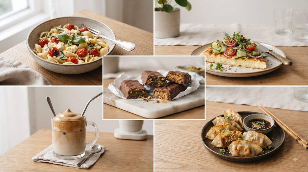 Trendy homemade recipes including baked feta pasta, cottage cheese flatbread, pistachio chocolate, and whipped coffee