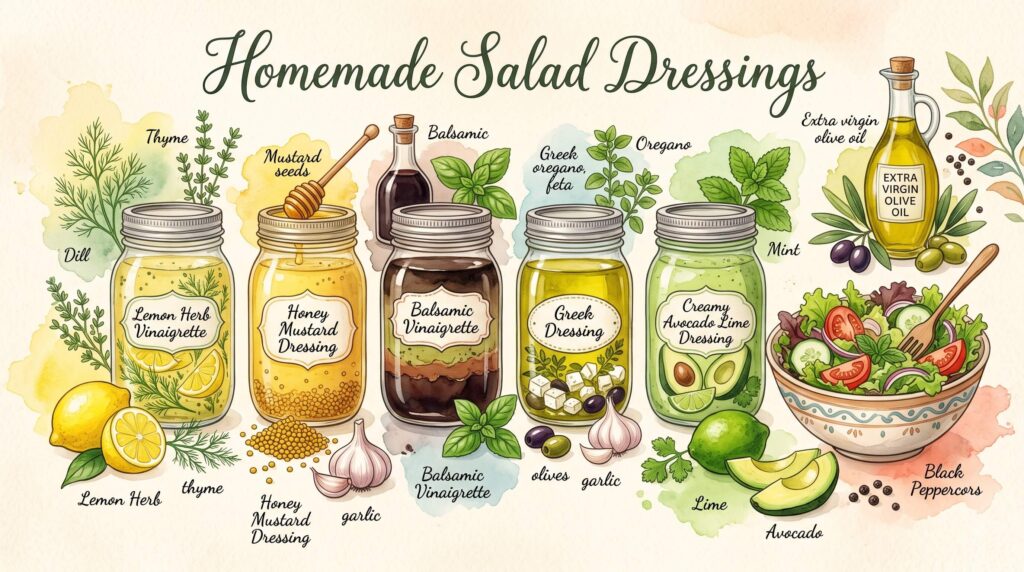 Homemade salad dressings including lemon herb vinaigrette, honey mustard, balsamic, Greek and avocado lime dressing