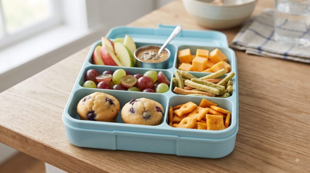 Kids lunchbox with apple slices, cheese cubes, grapes, veggie straws, mini muffins and cheese crackers