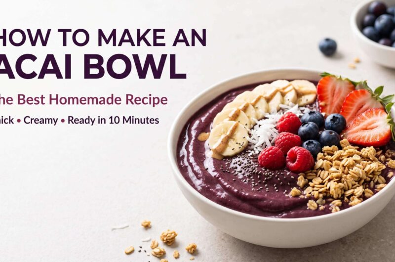 Homemade acai bowl with banana, berries, granola, coconut, and chia seeds
