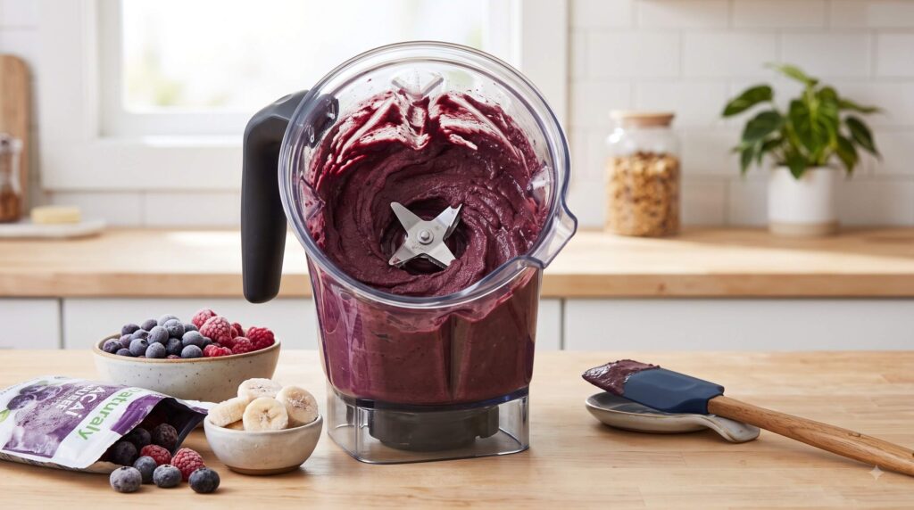 Thick frozen acai mixture blended with banana and berries
