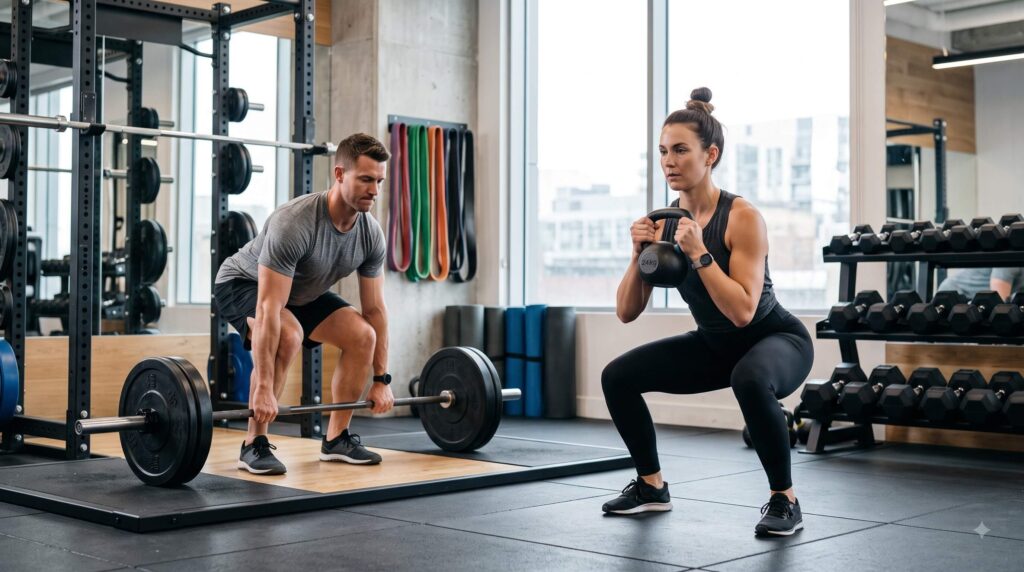 man and woman performing strength training for a 30-day weight loss workout plan