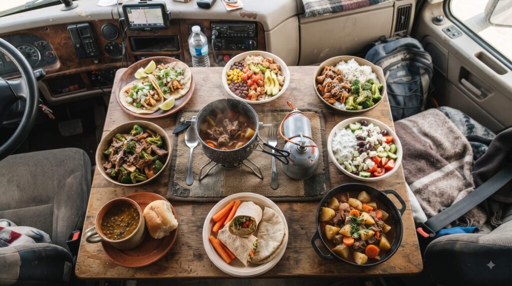 Global road trip meals including tacos rice bowls chicken stew and veggie wraps