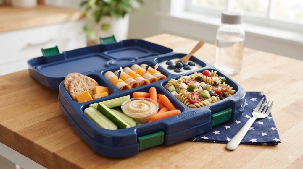 Kid-friendly cold school lunch with turkey roll-ups, yogurt, vegetables, pasta and cheese crackers