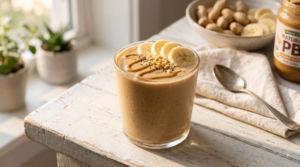 Peanut butter banana protein smoothie topped with banana slices