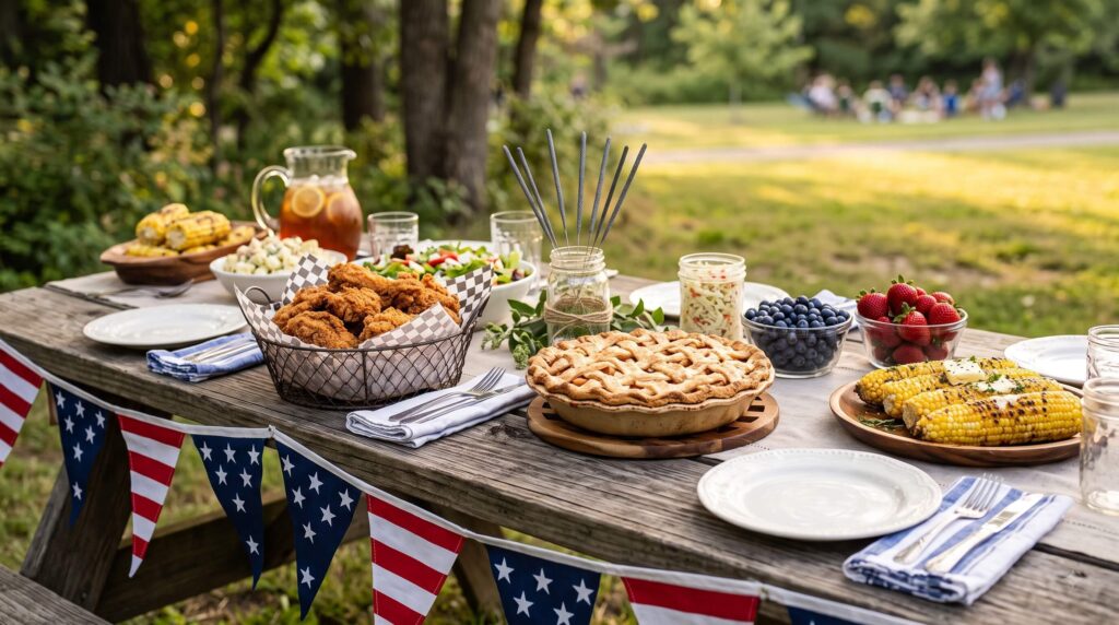 Full Picnic Table Spread with American Flag Bunting and Sparklers