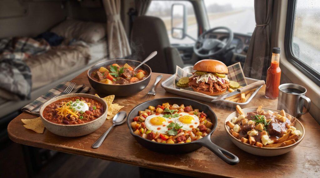American and Canadian comfort food including beef stew chili breakfast hash and poutine