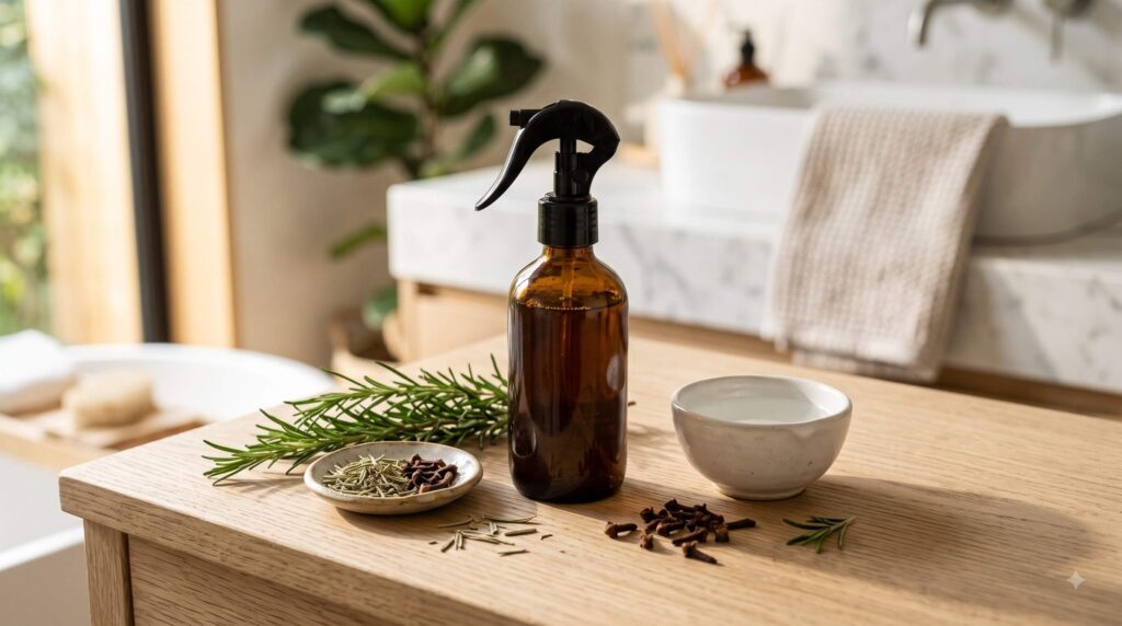 Homemade rosemary and clove hair tonic with botanical ingredients