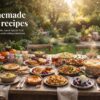 Outdoor table filled with colorful homemade breakfasts, vegetarian meals, pasta, baked desserts, fruit cobblers and seasonal recipes.