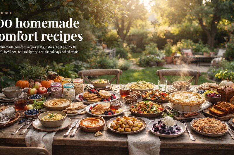 Outdoor table filled with colorful homemade breakfasts, vegetarian meals, pasta, baked desserts, fruit cobblers and seasonal recipes.