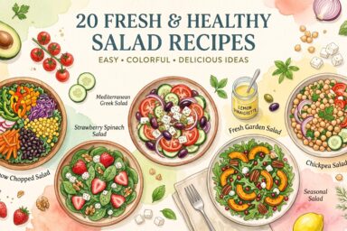 20 fresh and healthy salad recipes featuring colorful chopped, Mediterranean, strawberry spinach, chickpea and garden salads