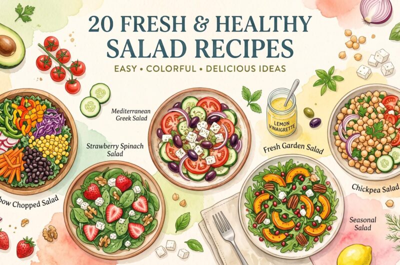 20 fresh and healthy salad recipes featuring colorful chopped, Mediterranean, strawberry spinach, chickpea and garden salads
