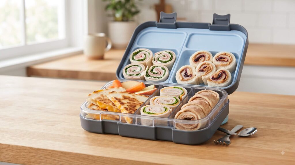 Kid-friendly school lunch with ham and cream cheese pinwheels, wraps, quesadilla wedges and tortilla rolls