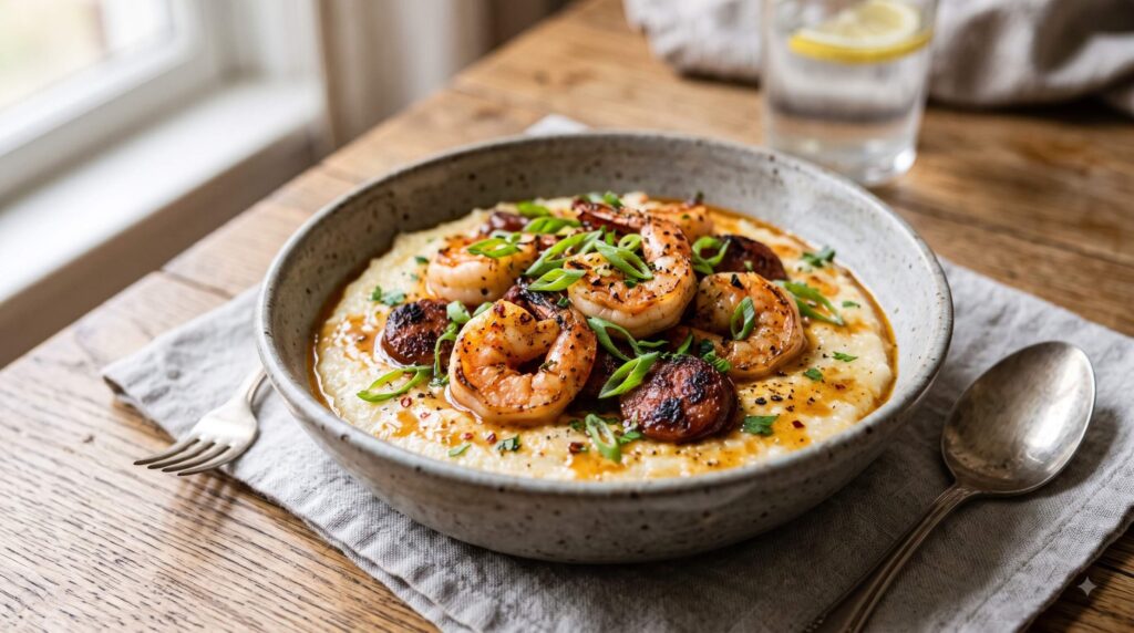 Bowl of Creamy Shrimp and Grits with Andouille Sausage