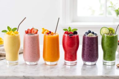 Six different smoothies in glasses arranged on a countertop