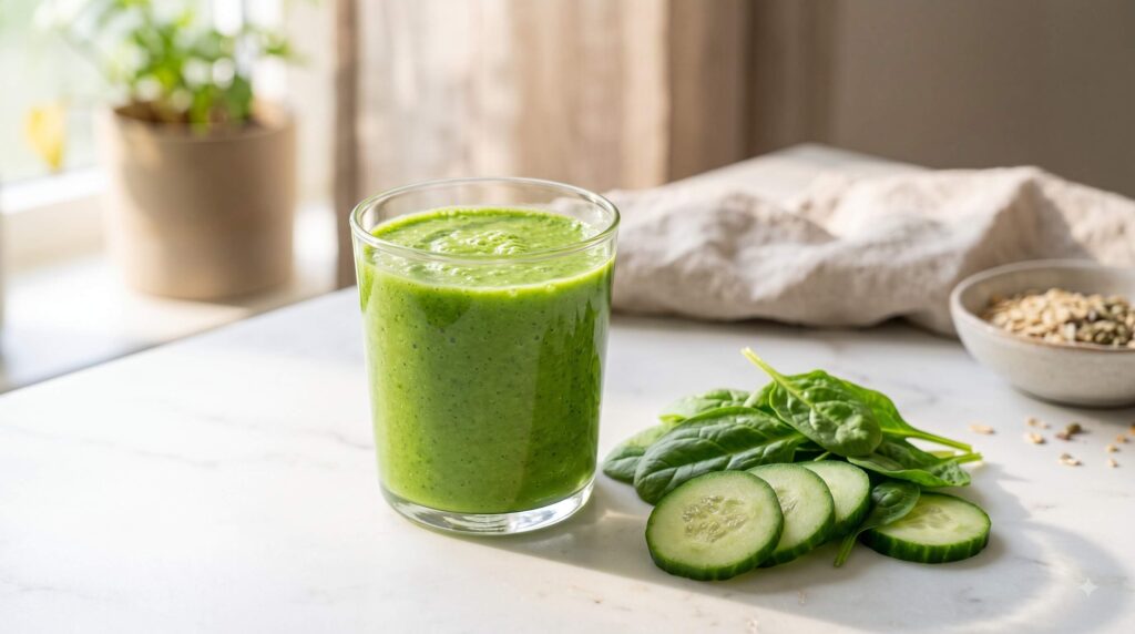 Green smoothie made with spinach, cucumber, and apple in a glass