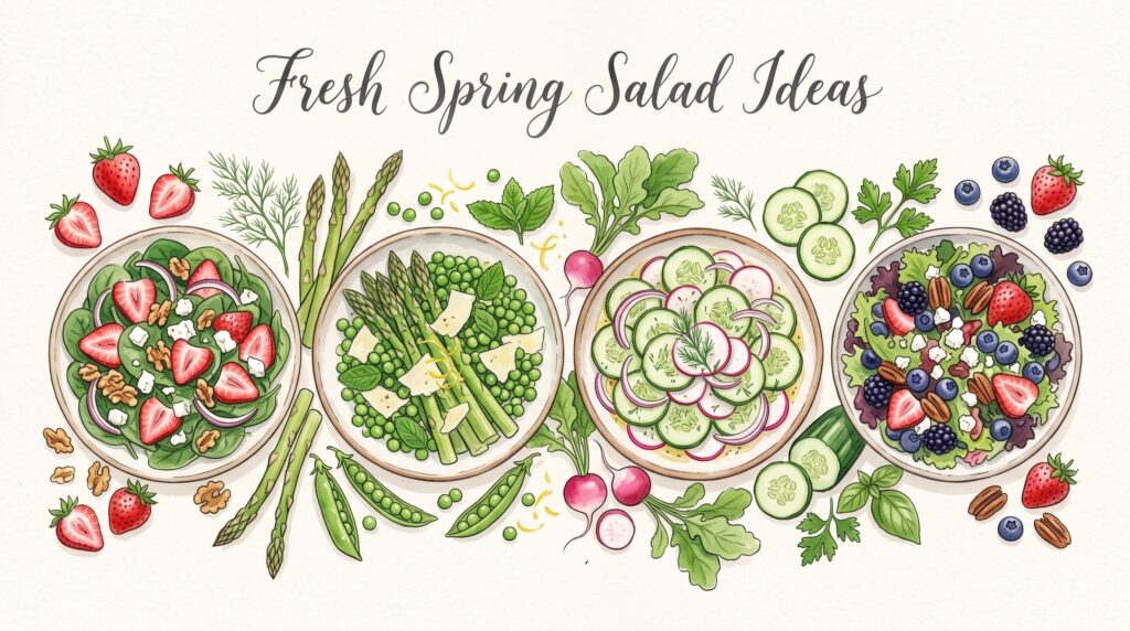 Fresh spring salad ideas with strawberries, spinach, asparagus, peas, cucumber, radishes, berries and feta