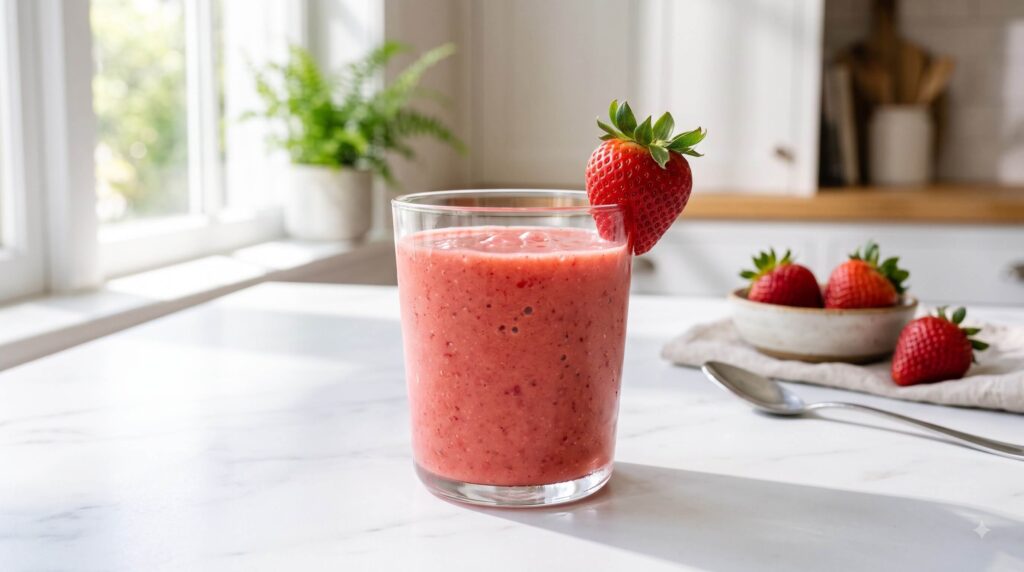 Strawberry banana smoothie in a glass garnished with a fresh strawberry
