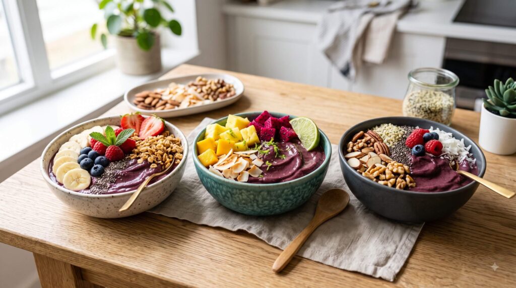 Three homemade acai bowl variations including classic berry, tropical, and lower-sugar options